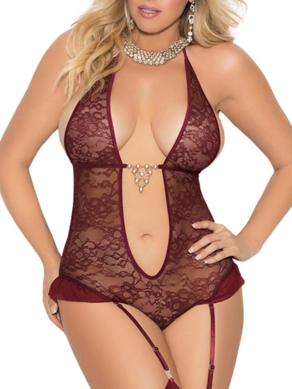 Plus Size Wine Red Lace Halter Teddiette Deep V Rhinestone Garter Lingerie